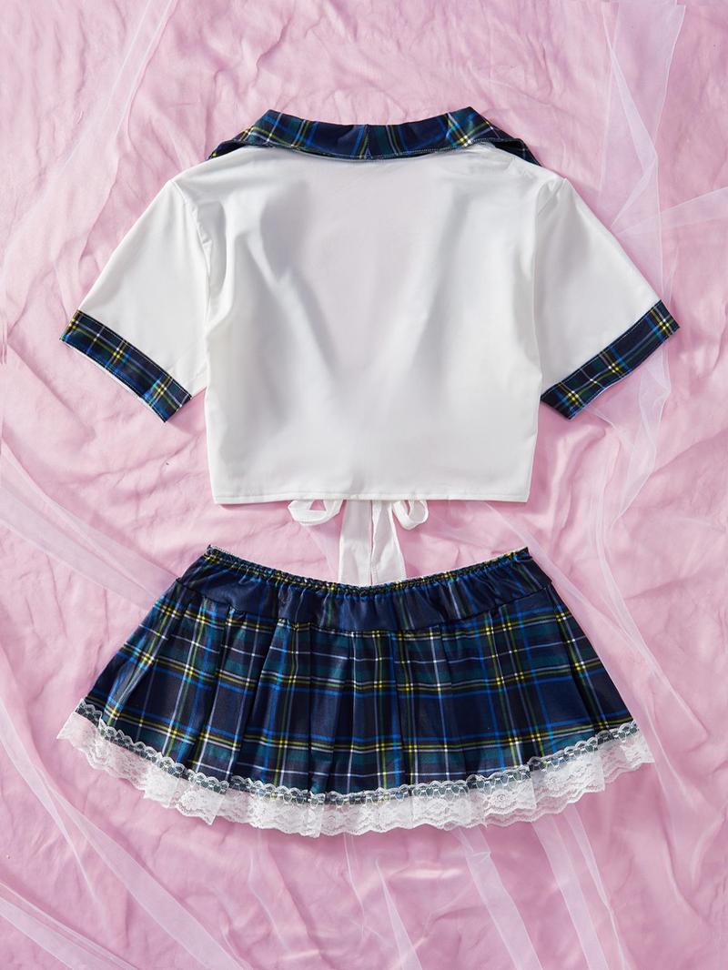 Product Introduction of Women's Contrast Binding Tie Front Crop Top & Plaid Print Contrast Lace Skirt Set, Short Sleeve Crop Top & Elastic Waist Short Skirt Set, Valentine's Day Gift, Women's Two-Piece Set For Summer 11