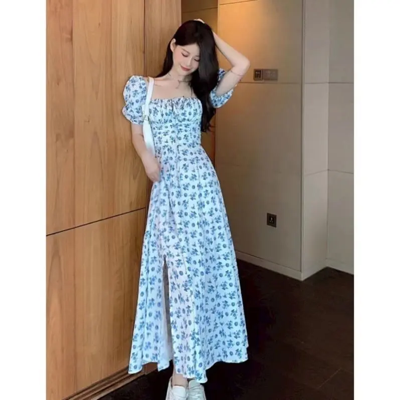 Western Style French Style Temperament Square-Cut Collar and Blue Floral Dress Texture High-Grade Tight Waist Bubble Sleeve Split Long Skirt