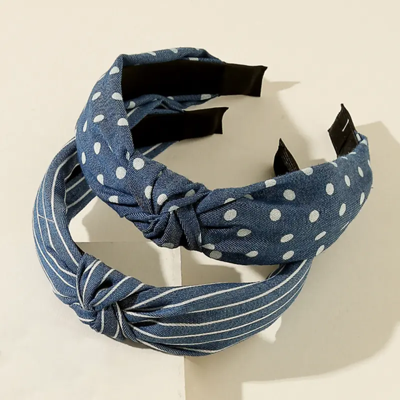 3pcs Denim Striped Dot Headband Women's Fashion Simple Blue Hair Accessories 2