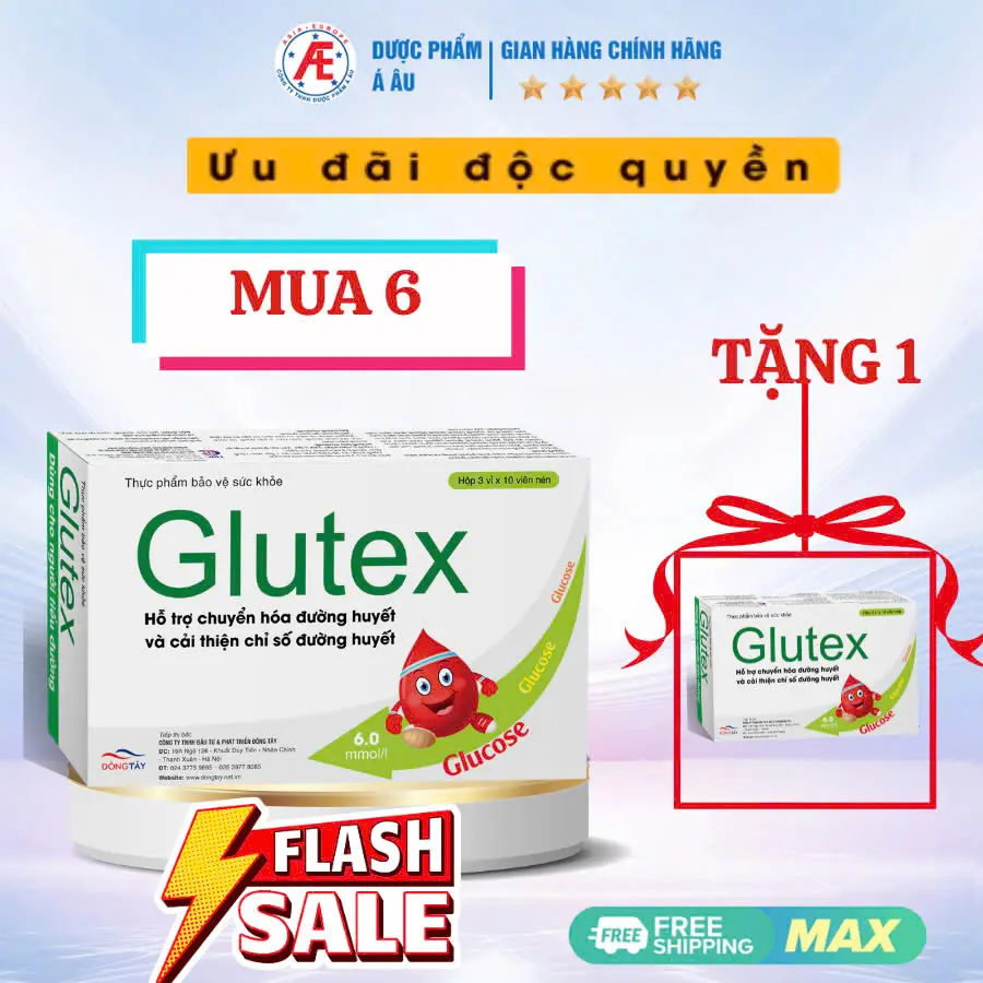 [01.01 SIÊU SALE] [Mua 6 tặng 1] Hộp Viên uống Glutex giúp hỗ trợ giảm và ổn định chỉ số đường huyết (hộp 30 viên) - Công ty Á Âu