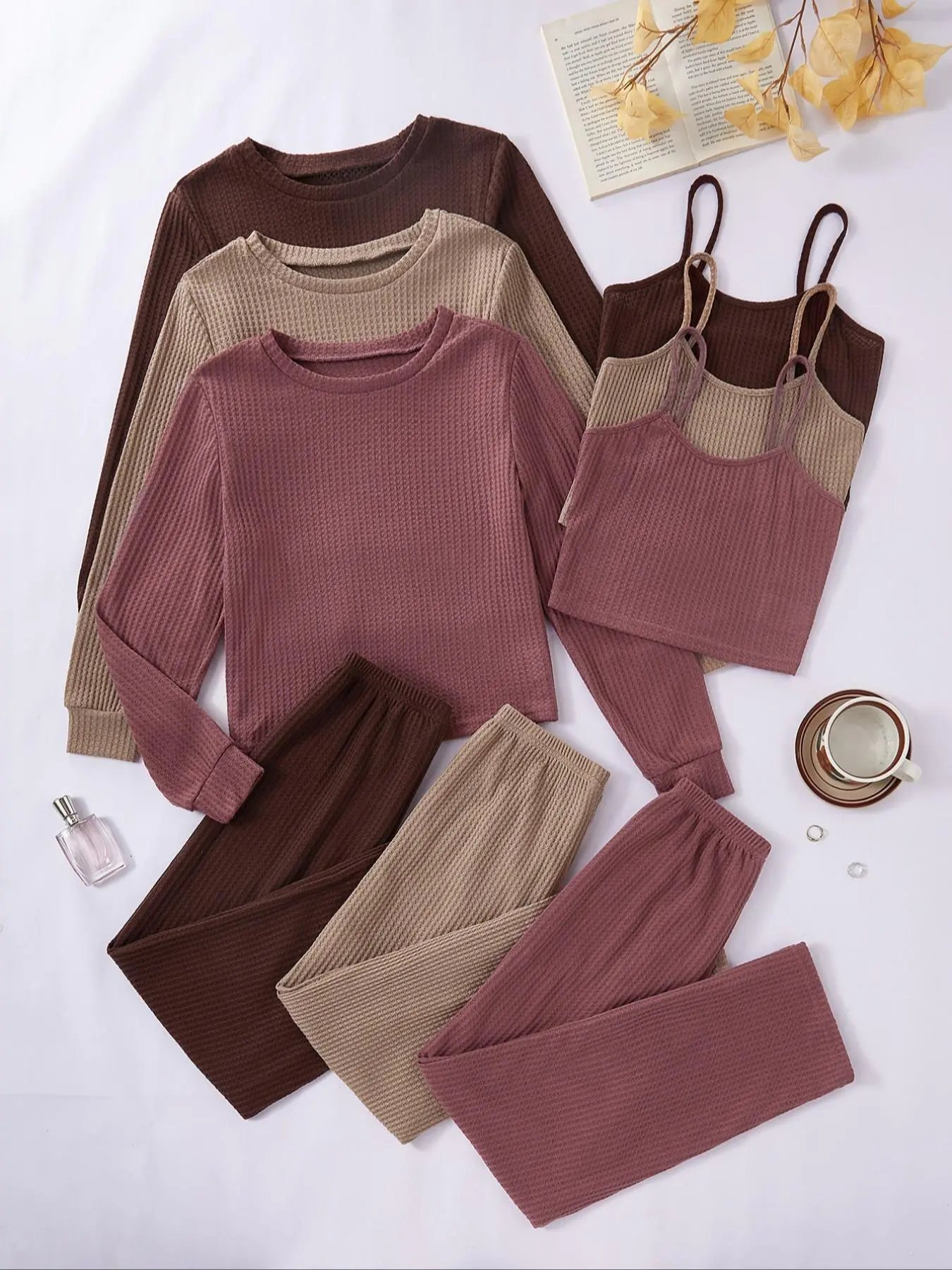 Women's Solid Textured Waffle Knit Long Sleeve Shirt & Straight Leg Pants & Cami Top Three-piece Pyjama Set, Casual Comfy Pyjamas Set for Women, Women's Sleepwear for Fall & Winter