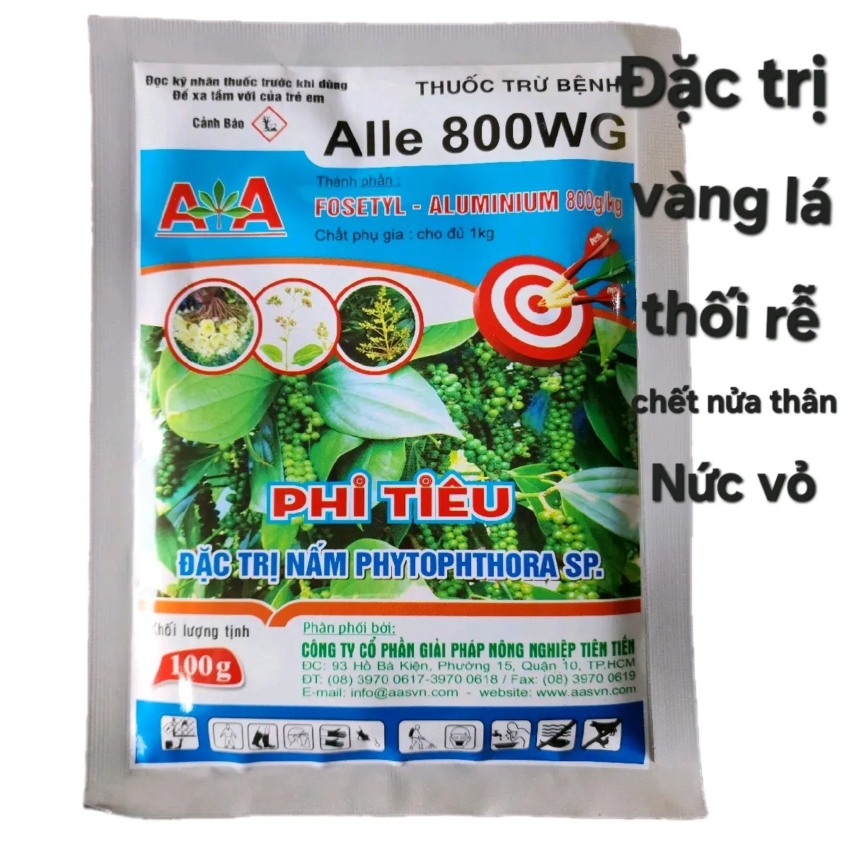 Alle 800WG gói 100g với hoạt chất aluminium đặc trị bệnh vàng lá, cành, chết nửa thân, nức vỏ, thối rễ tơ, thối trái.....