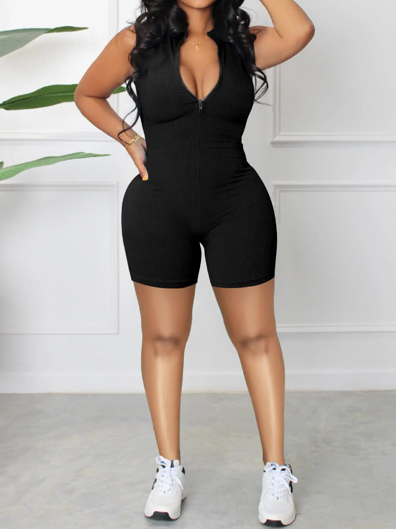 Women's Solid Half Zip Up Romper, Summer Clothes Women, Basic Womenswear, Casual Sleeveless Half Zipper Skinny Romper for Summer, Lady Women's Clothes