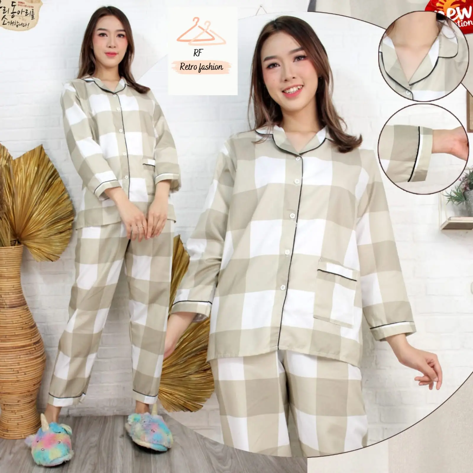 Piyama Baju Tidur Lengan Panjang Kotak Emily Dewasa Pajamas Kekinian Katun Poliester