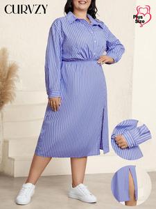 CURVZY Plus Size Striped Print Button Front Split Thigh Shirt Dress, Casual Long Sleeve Collared Dress for Spring & Fall, Women's Clothes for Daily Wear