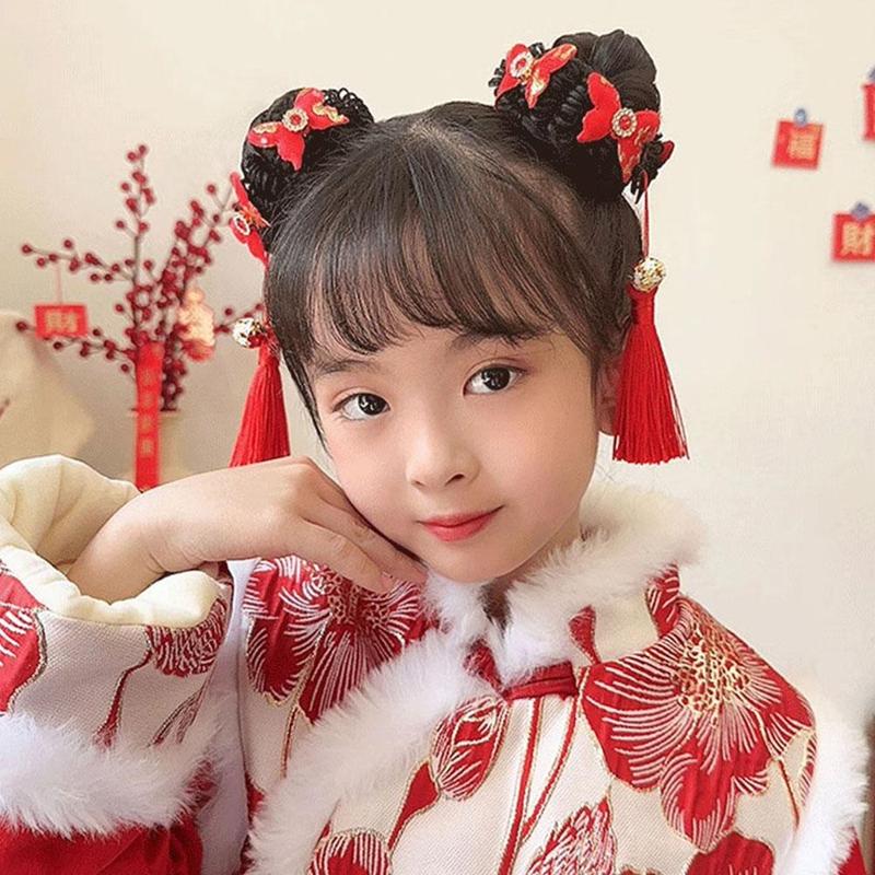 Product Introduction of Tóc Giả Trẻ Em, Phụ Kiện Tóc Scrunchies Bóng Tua Rua, cài tóc Cô Gái Năm, Phong Cách Cổ Trang Mới, C4J1 23
