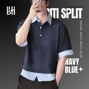 BITI Split Knit Shirt Kemeja Lengan Pendek Rajut Pria Kombinasi Navy Blue Baju Sweater Knitwear Top
