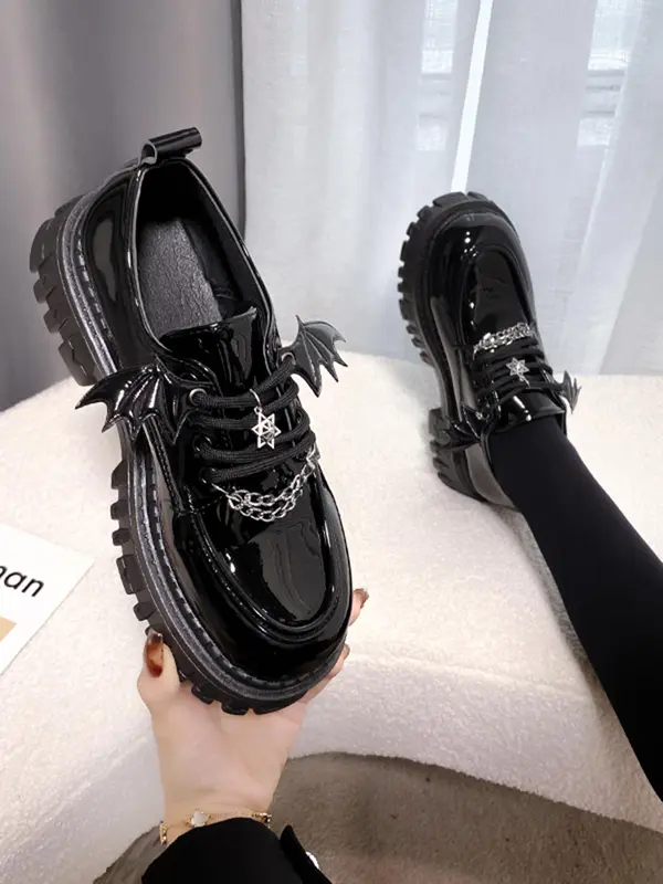Women's Fashionable Chain Decor Plain Platform Loafers, Casual Star & Wing Design Platform Loafers For Daily Wear, Footwear, Girl's Walking Shoes 1