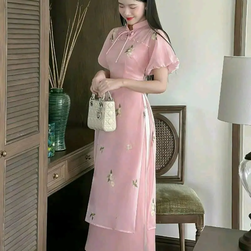 SÉT ÁO DÀI 2 LỚP VOAN ÁNH KIM THÊU KÈM TÀ TRONG LỤA& QUẦN PHI LỤA