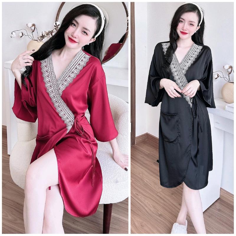Áo choàng ngủ pyjama kèm quần đùi Lụa Latin phối ren mềm đẹp Women Nữ Dress Kem Voan sang chảnh Đỏ