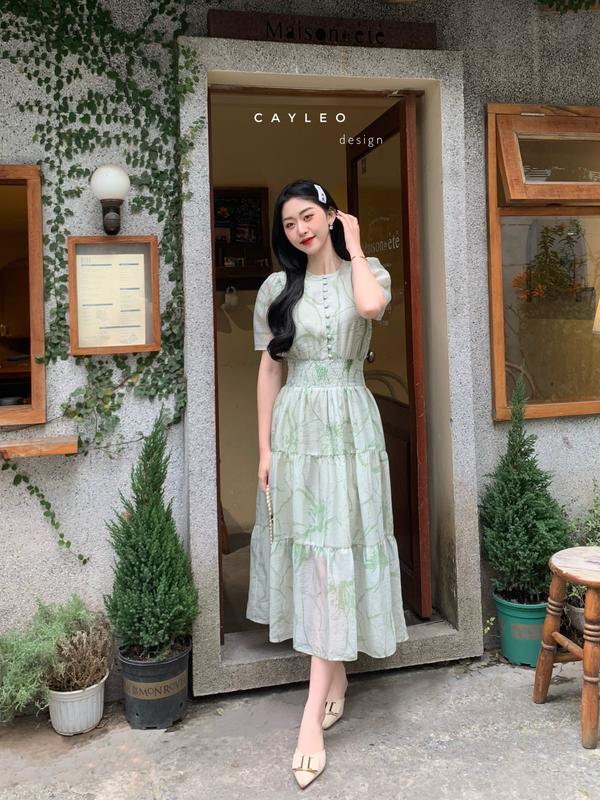  Váy hoa xanh cúc bọc Cây Leo Design đính khuy dáng xòe Nữ Lá 