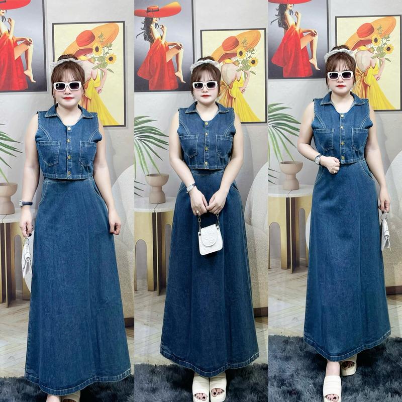 Sét 2 chi tiết gồm áo yếm Jean chân váy Jean dáng dài lưng chun dành cho nữ  Top Bo Chun