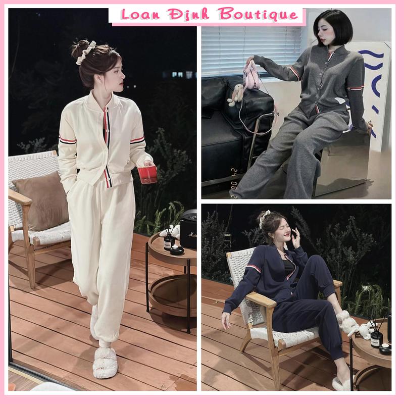 Bộ Len Hàn Áo Bomber Sọc Dây Đỏ Quần Boom Dài Tay, Màu Kem Đen Xám Xanh Than , Đồ Bộ Nữ Thu Đông Nữ Top Women Loan Định Boutique LD201 Nhung