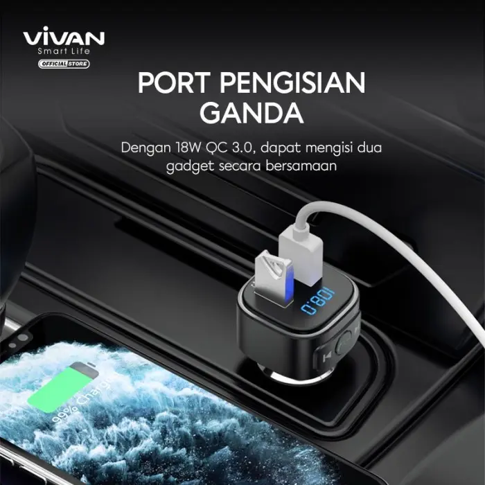 CAR CHARGER VIVAN VBT01 Dual Port 18W QC 3.0 Bluetooth5.0 Transmintter 1