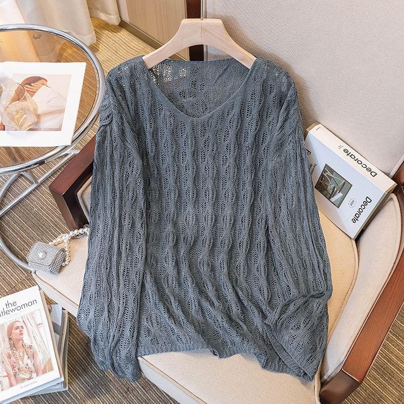 Áo Len khoét, Cổ Chữ V, Dài Tay, Dành Cho Phụ Nữ, Mùa Xuân / Mùa Hè, Ngoại Cỡ, Cô Gái Đầy Đặn, Mỏng, Bó Sát, che Bụng, Dài Trung Bình Thích Hợp Để Phối Bên Ngoài, Áo Cánh Chống Nắng