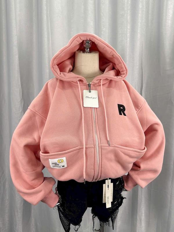 Áo Khoác Hoodie Dây Kéo Thêu LOGO R Vải Nỉ PE Phối Túi Nón lớn From Croptop Rộng Phong Cách Hàn Quốc Hot Trend áo  khoác  nỉ  dày  dặn 2