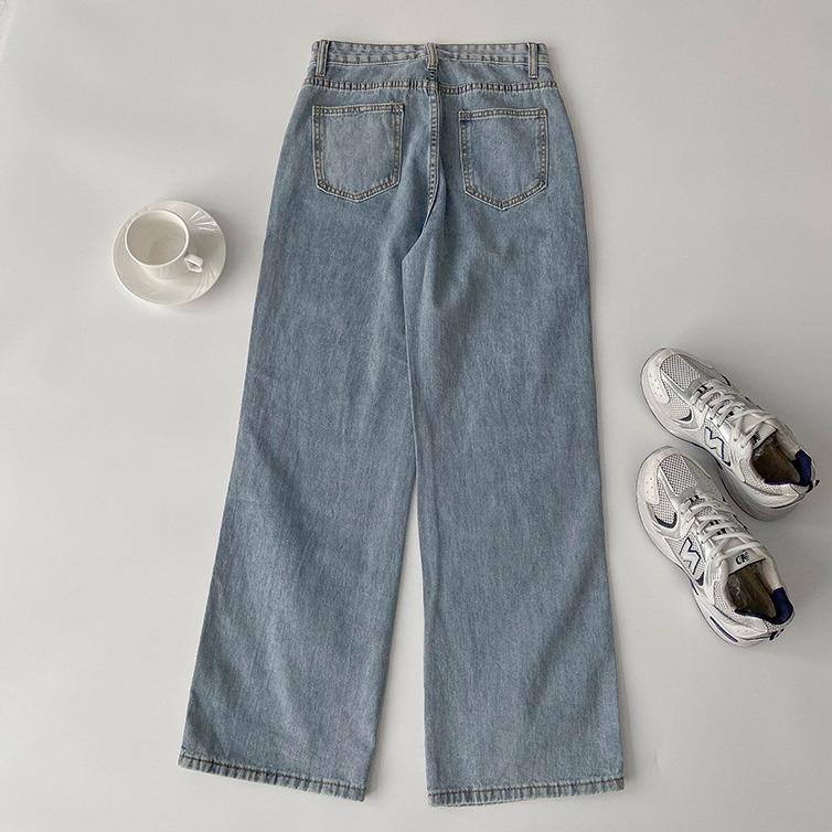New Biru muda kulot longgar high waist celana jeans panjang wanita（GOOD LUCK）（realpict） 7