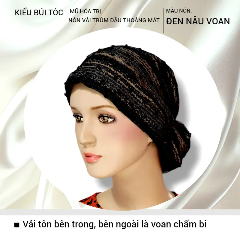 [NÓN VOAN] Nón trùm đầu, mũ hóa xạ, chemo hat, cancer hat, vải thoáng mát, thấm mồ hôi, nón vải voan đen