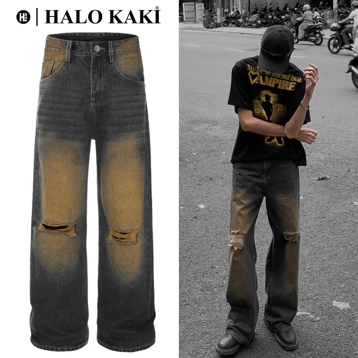 NÂU VÀNG RÁCH/TRƠN - Quần jeans ống rộng phủ gót chạm giày form wide leg  - HALO KAKI - <ẢNH THẬT SHOP TỰ CHỤP> Menswear Nam Pants Denim Ong Baggy Có Túi