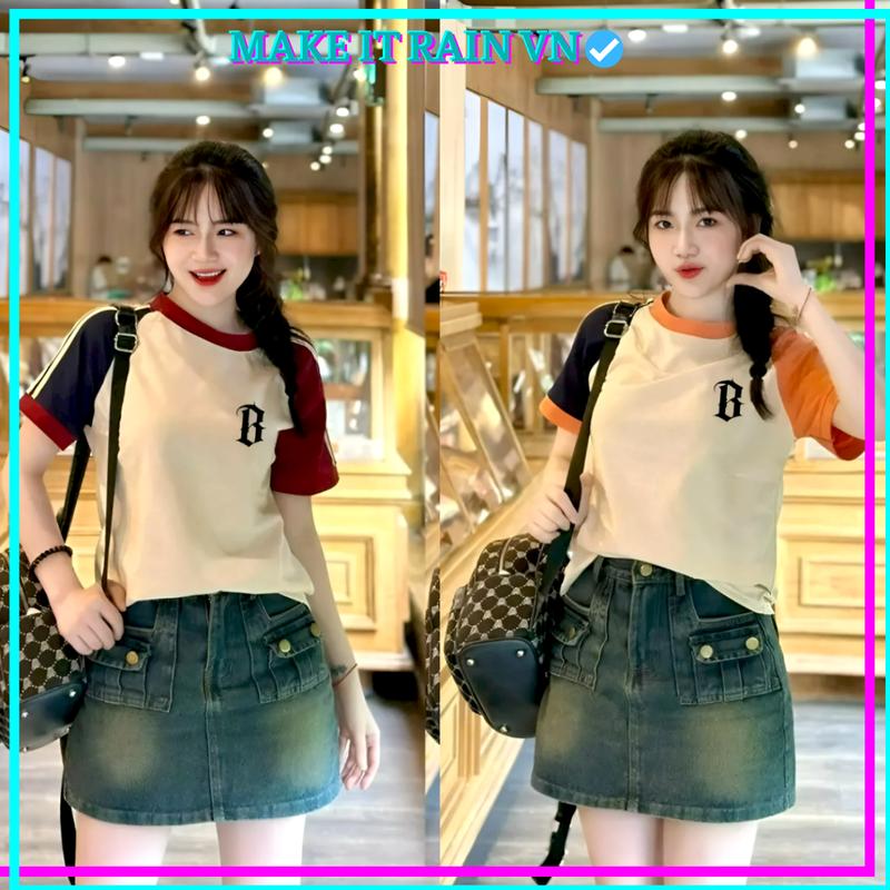 [MUA ÁO CÓ QUÀ] Áo Thun Baby Tee CHỮ B THÊU Make It Rain, Áo phối tay 2 màu Form Ngắn Nữ Top Women Cổ Tròn