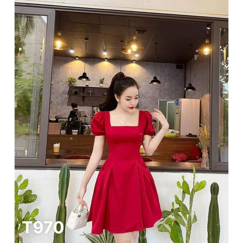 Đầm xoè nữ tay phồng cổ vuông có mút dự tiệc dạo phố xếp ly vải for  KEM 1