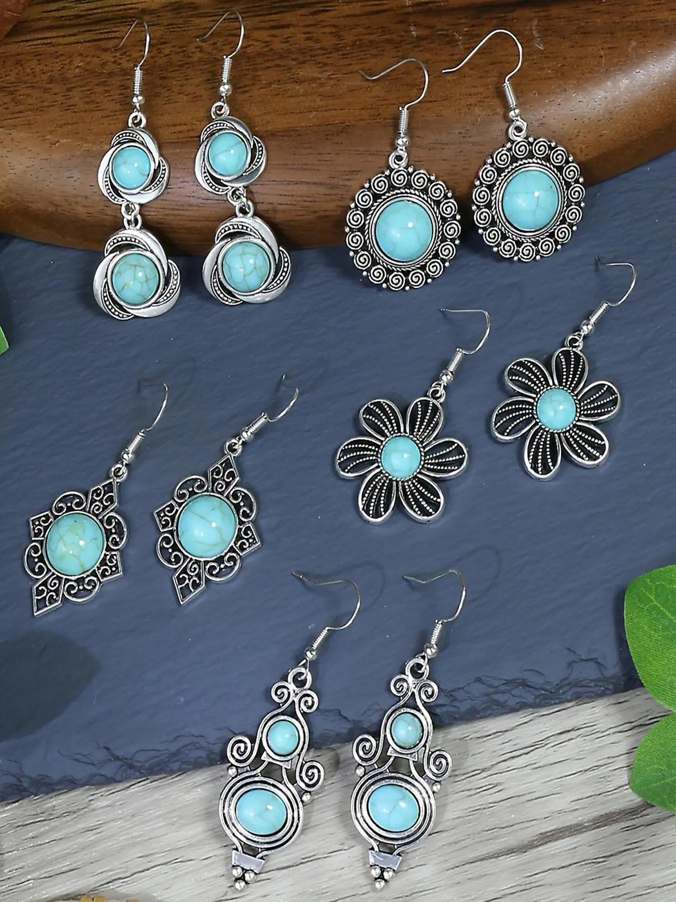 Ethnic Style Geometric Design Dangle Earrings, 5 Pairs Boho Style Turquoise Inlay Alloy Earrings for Women, Party, Daily Jewelry for Gift