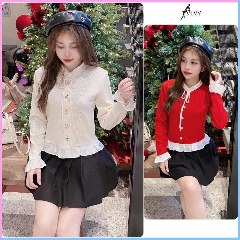 Áo kiểu nữ tay dài vải nỉ tăm phối dây thắt nơ nhẹ nhàng co dãn dày dặn phong cách Hàn quốc Women Nhung Voi Thun AT77 Top Sơ Mi