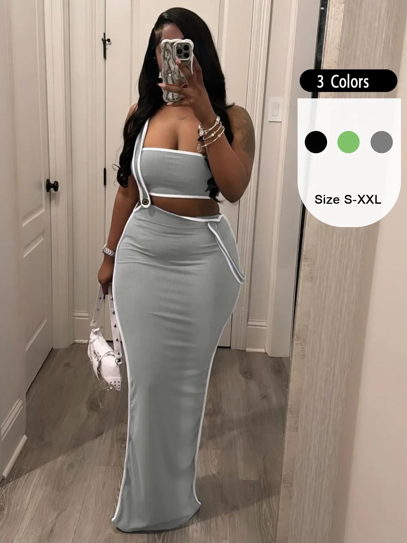 Women's Contrast Binding Crop Tube Top & Split Hem Suspender Skirt Two-piece Set, Casual Fashion Cozy Two Piece Outfits for Daily Outdoor Wear, Ladies Summer Clothes