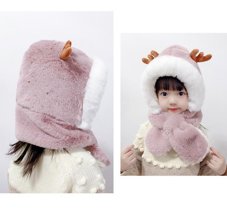Product Introduction of Winter new children's hat scarf combination male and female children warm plush cute baby deer antler ear protection hat 10