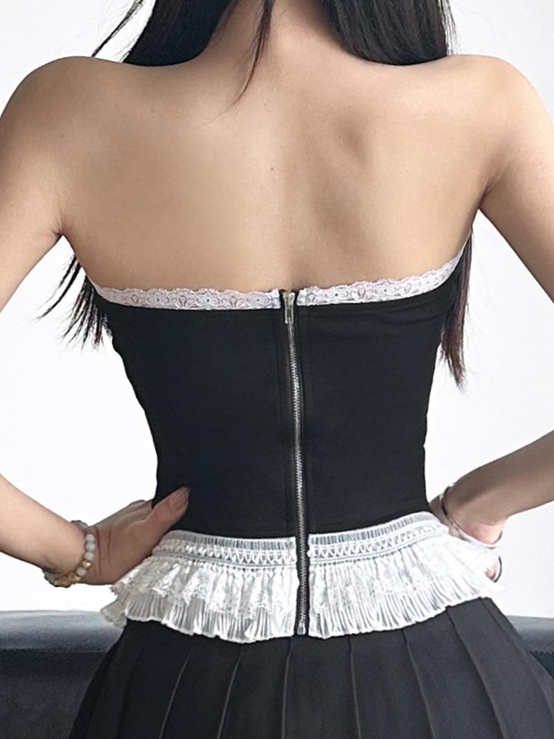 Product Introduction of Women's Contrast Lace Frill Trim  Zipper Back Crop Tube Top, Y2k Fashion Casual Strapless Bustier Top for Daily Outdoor Wear, Women Top Clothes for Summer 2