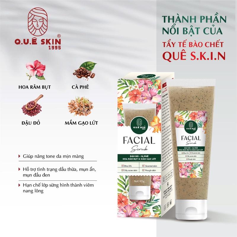 VIP Ủ trắng & Tẩy Tế Bào Chết mặt Facial scrub Quê Skin Nâng tone chiết xuất Đậu Đỏ Cà phê Hoa Râm Bụt & Mầm Gạo Lứt hỗ trợ Thông thoáng lớp sừng mụn đầu đen bã nhờn dịu nhẹ 65ml Skincare nam & nữ