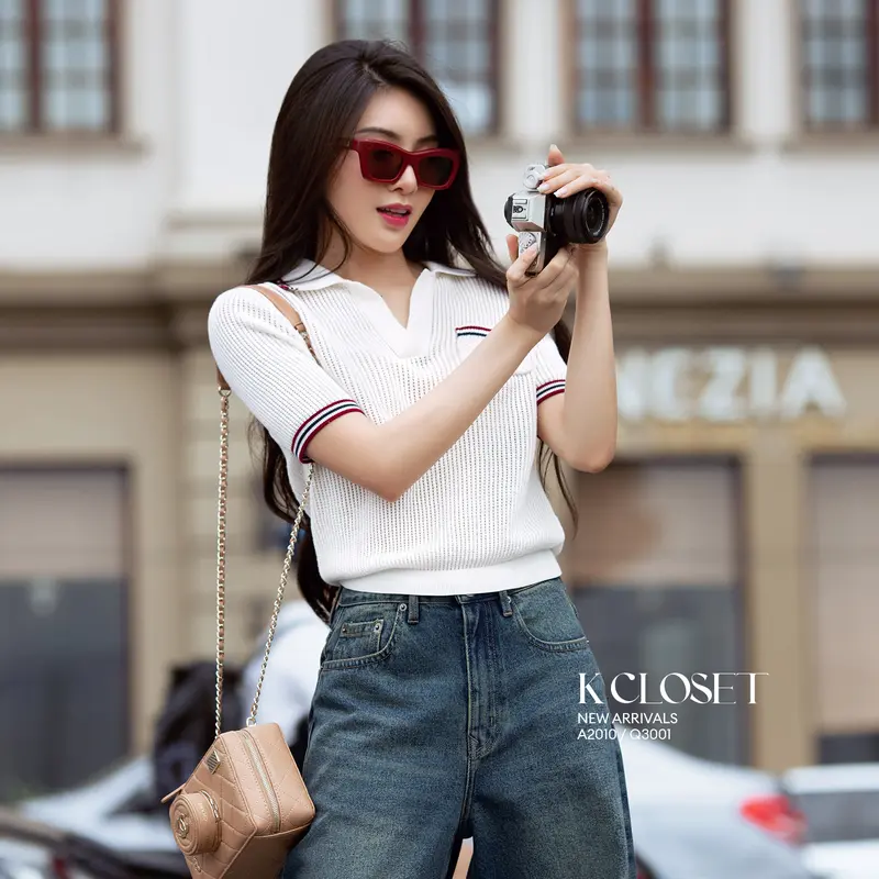 ÁO LEN CỔ BẺ 3 SỌC K CLOSET A2010 - Áo kiểu xinh style hàn 2