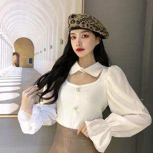 เสื้อยืด สไตล์เกาหลี แขนพัฟกลวงออก สำหรับผู้หญิง แขนยาว เย็บปะติดปะต่อขาว เสื้อขี้เกียจ ท็อปไม่ซ้ำใคร 2023 มาใหม่