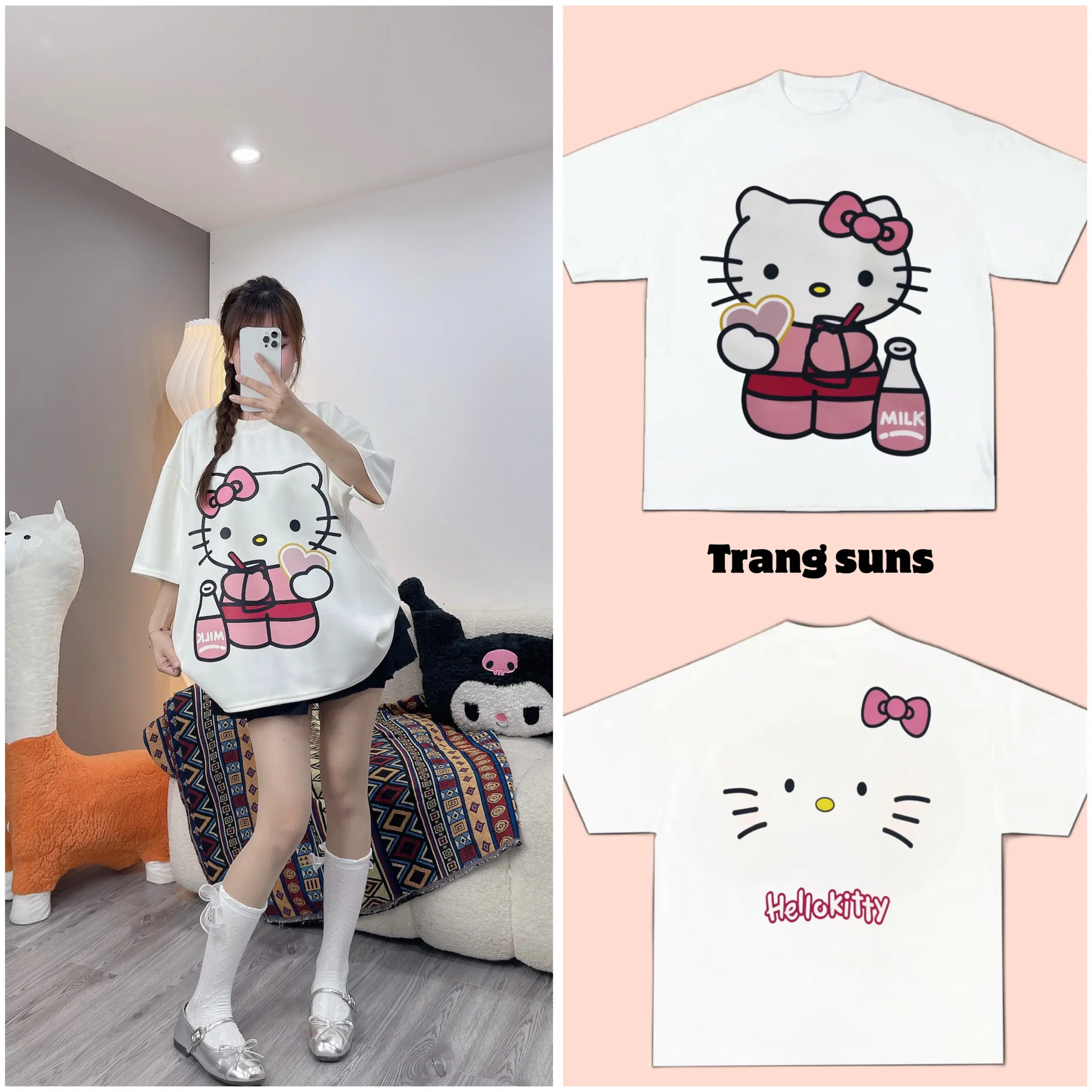 (DEAL MỞ BÁN ) ÁO PHÔNG FORM BOXY HELO KITY IN 2M áo  phông  hello  kitty