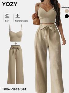YOZY Shirred Back Crop Cami Top & Tie Front Pocket Pants Set, Fashion Casual Spaghetti Strap Crop Top & Elastic Waist Wide Leg Trousers, 2024 Women's Summer & Fall Outfits for Daily Outdoor Wear