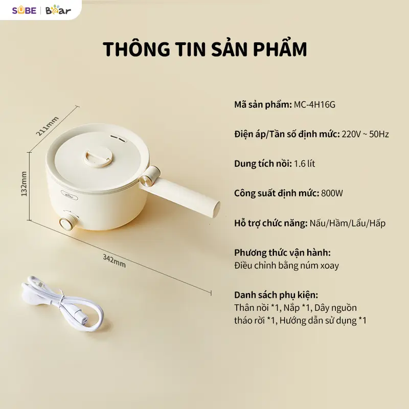 Nồi Lẩu Điện Đa Năng BEAR, Nồi Điện Nồi Đa Năng, Nồi Lẩu Điện Mini Sôi Nhanh Tiết Kiệm Thời Gian Thiết Kế Tay Cầm Gấp Gọn Tiện Lợi Chống Dính Dễ Vệ Sinh MC-4H16G 8