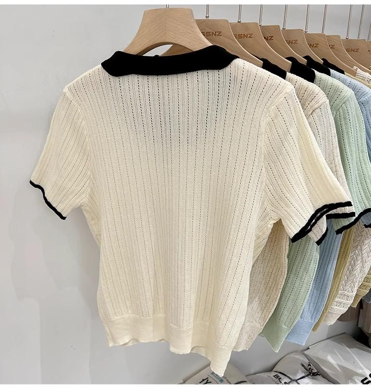 Product Introduction of Áo Cardigan Dệt Kim, ngắn Tay, Chất Liệu Lụa Ngầu Dành Cho Nữ, Mỏng Và Mùa Hè, Màu Sắc Tương Phản, Thiết Kế Độc Đáo Với Thiết Kế Áo Polo Rỗng Áo Cánh Nữ Hàng Đầu 9