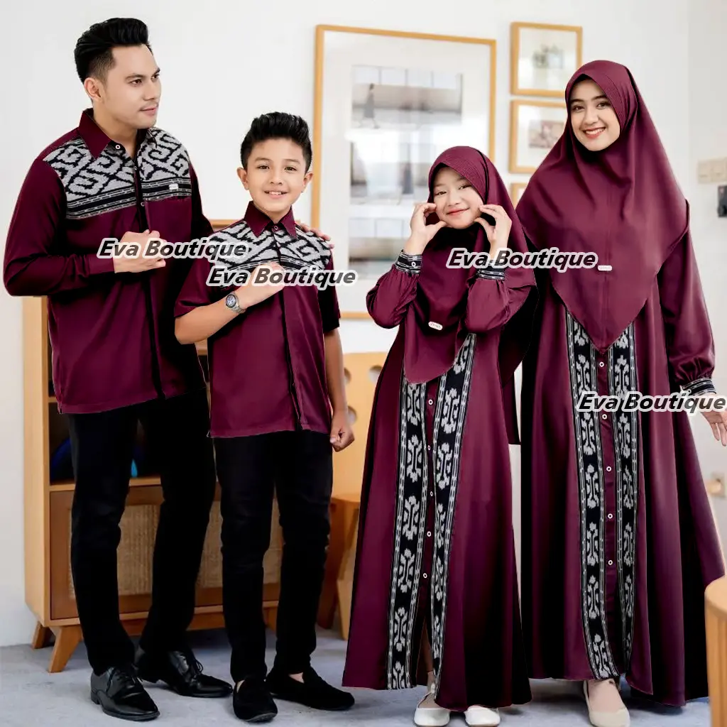 EVA BOUTIQUE - Qanari Burgundy Set Couple Family Lebaran Sarimbit Keluarga Baju Couple Tenun Couple Untuk Satu Keluarga 1 batik busui 2025 elegan mewah Pasangan Seragam Cotton Khaki Couples' Clothing Sets dress Setelan Gamis Kondangan Muslim Kaos
