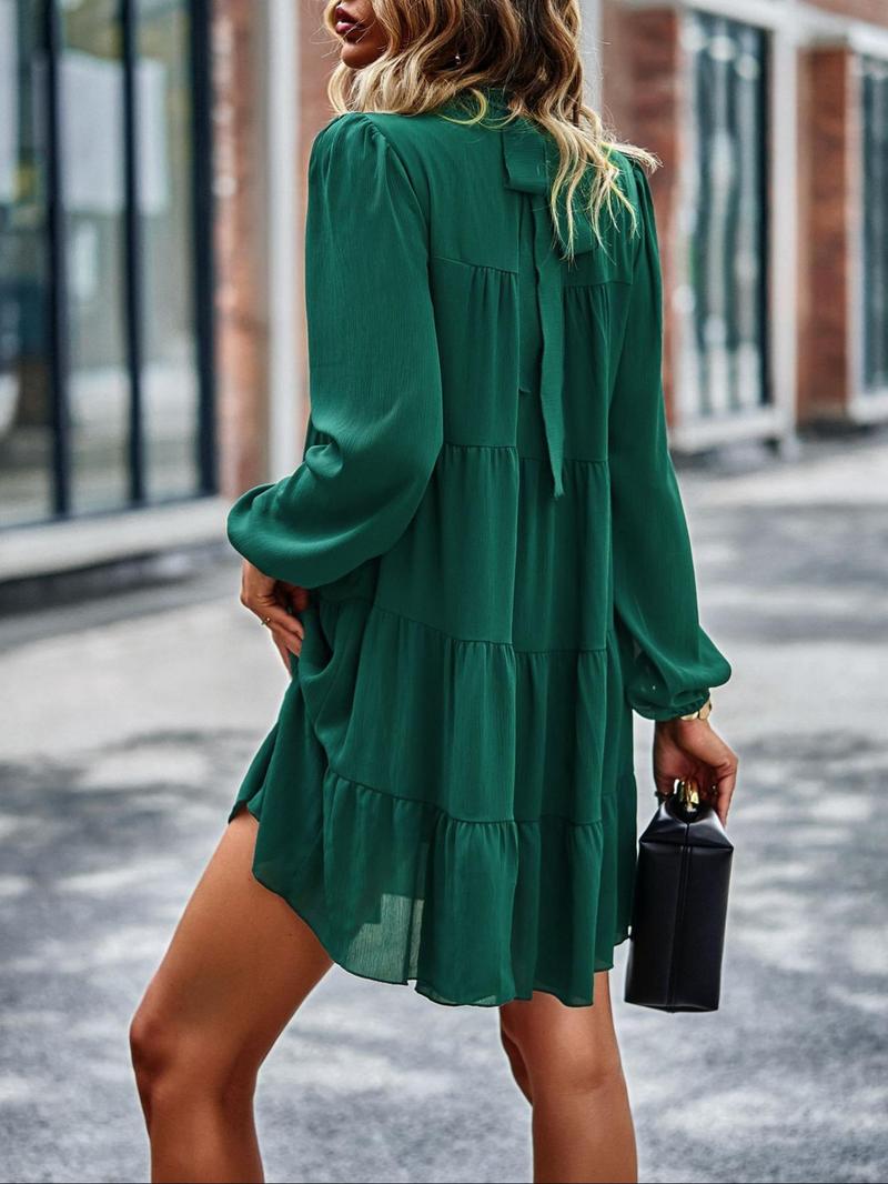 Product Introduction of Women's Plain Ruched Ruffled Collar Smock Dress, Boho Bishop Sleeve Short Dress for Beach Holiday Vacation, Ladies Clothes for All Seasons 8