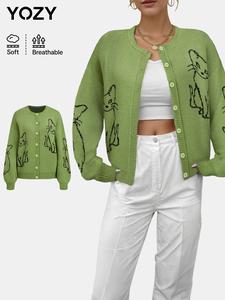 YOZY Women's Cat Print Drop Shoulder Button Front Cardigan, Casual Long Sleeve Round Neck Knitwear for Fall & Winter, Fashion Women's Knit Clothing for Daily Wear