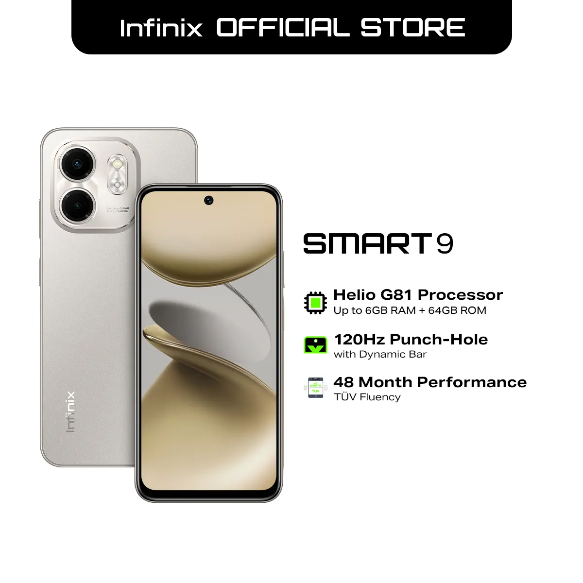 「Infinix KOLs」- Infinix Smart 9, (up to 6GB [3GB + 64GB] | MediaTek Helio G81 Gaming Processor | 13 MP Rear AI Dual Camera | 6.7" IPS 120hz Punch-Hole Display with Dynamic Bar | 5000 mAh (1 year local warranty) Smart Phone