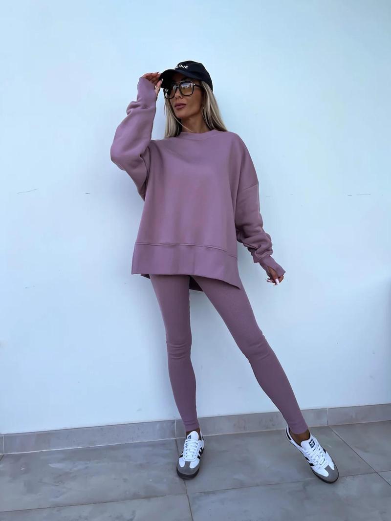 Product Introduction of 【Fashionwave Collection】 Two-Piece Set Women's Solid Drop Shoulder Split Hem Sweatshirt & Elastic Waist Pants, Casual Fashion Cozy Round Neck Long Sleeve Pullover & Skinny Trousers for Daily Outdoor Wear, Women's Lounge Clothing for Spring & Fall 9
