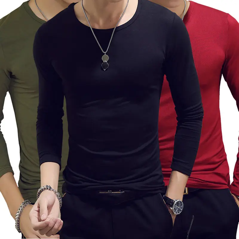 7 Colors Men Casual Slim Fit Solid Color Tshirt Mens Long Sleeve O Neck V Neck Cotton T-shirts