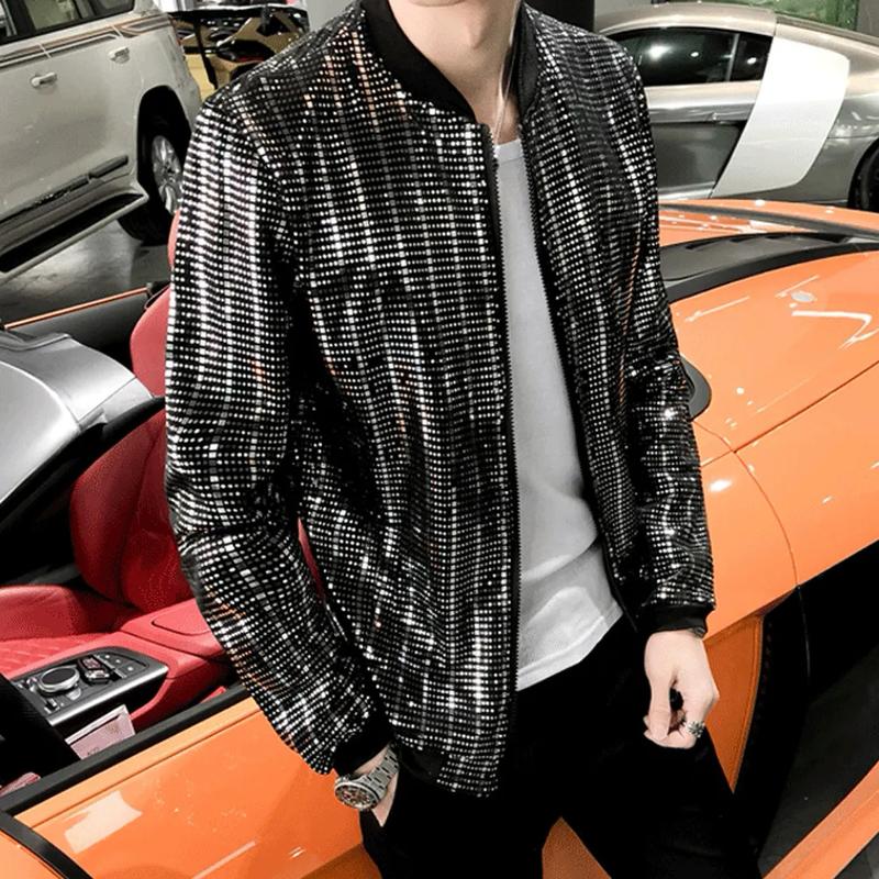 Product Introduction of SS24 New Sequined Bomber Jacket Men Shiny Sequins Long Sleeve Glitter Zipper Coat Hip Hop Loose Night Club Stage Streetwear Coats 9