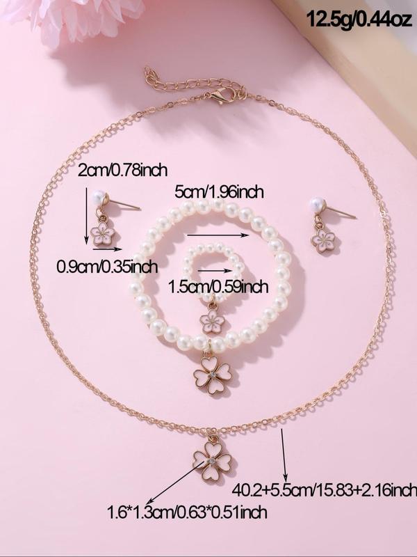Cute Four-leaf Clover Design Faux Pearl Decorated Jewelry Set, Fashion Necklace Earrings Ring Bracelet for Girls, Trendy All-match & Exquisite Jewelry for Birthday Gift 1