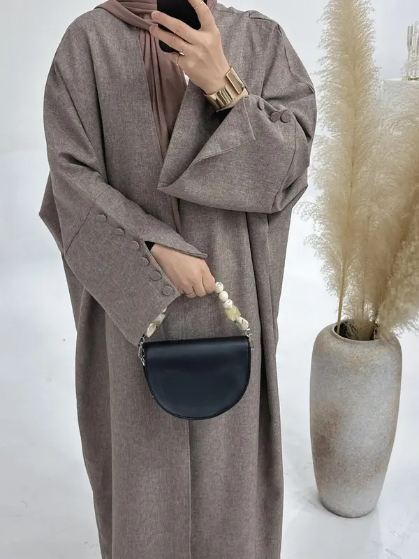 Women's Solid Fake Buttons Split Sleeve Abaya without Hijab, Elegant Modest Comfort Basic Minimalist Long Sleeve Open Front Arabic Clothing, Women's Islamic Clothing, Ladies Clothes for All Seasons 3