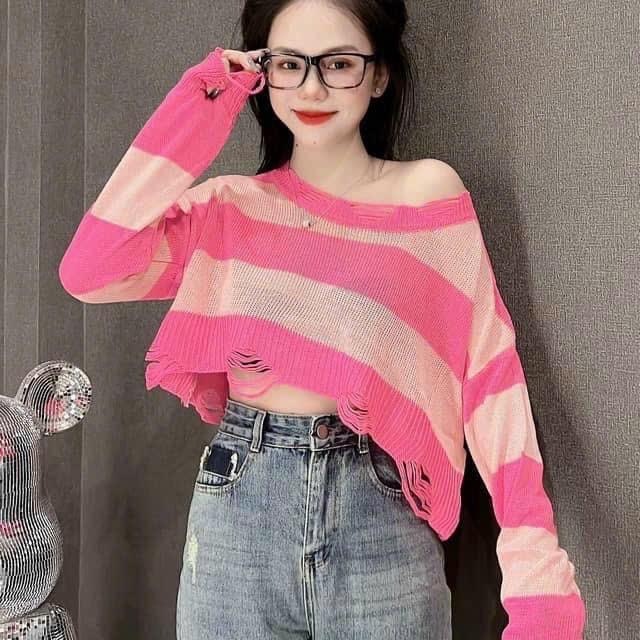[FREESHIP EXTRA] Áo Len Croptop Kẻ Sọc Hồng - Nâu 3 Màu (Lotus Shop)