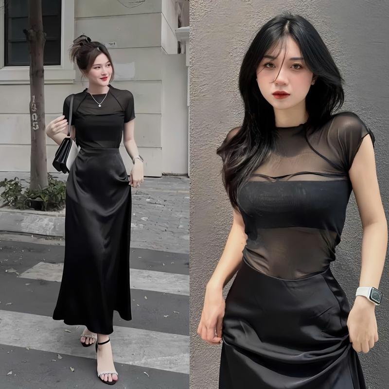 BIGSIZE HIẾU HIẾU (55-95KG) - Set thời trang nữ xinh diện phố (Dài - Ngắn) Áo lưới tay ngắn có lót + Chân váy lụa tôn dáng
