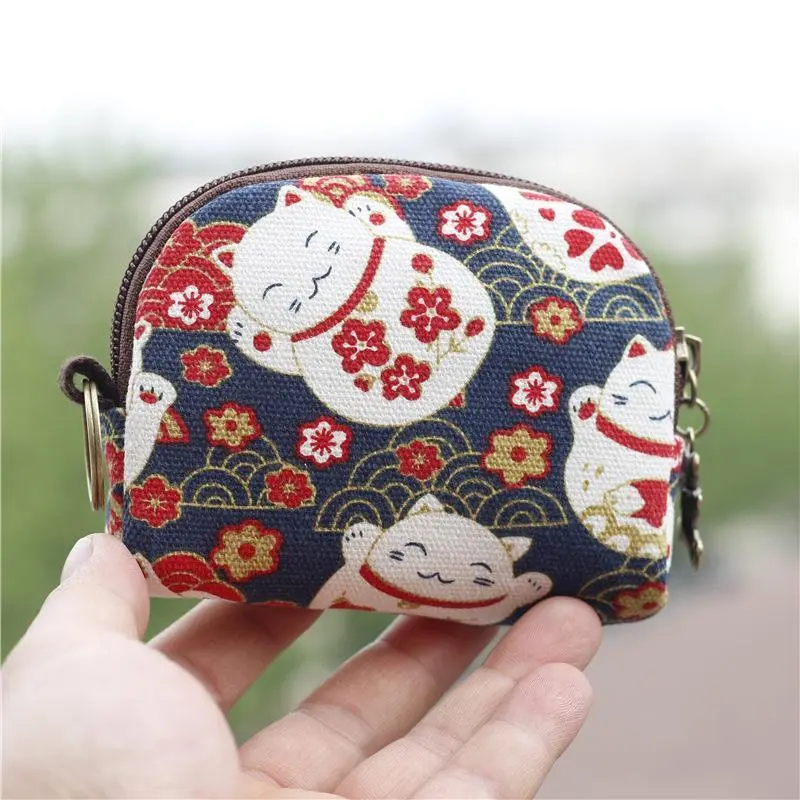 Japanese Style Women Canvas Cartoon Cat Prints Keychain Wallet Small Card Organizer Key Pouch Ladies Money Bag Coin Purse for Children