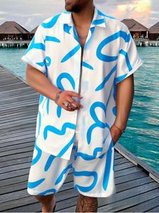 Men's Abstract Print Button Front Top & Shorts without Inner Top, Casual Street Two-piece Set for Daily Wear, Men's Outfits for Summer
